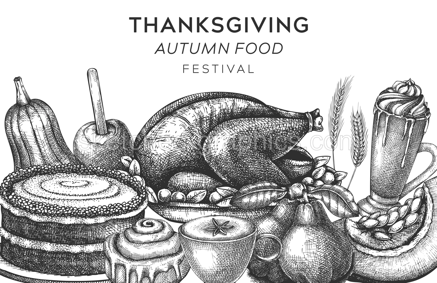 Thanksgiving food banner design. Traditional holiday meals - roasted turkey, cooked vegetables, rolled meat, baking cakes, pies sketches. Vintage autumn food template. Vector Thanksgiving background. Illustration